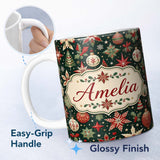 Personalized Custom Name Festive Christmas Stars Holly Leaves Baubles Seamless Pattern Lovely 11oz Ceramic Coffee Tea Mug White Large Handle