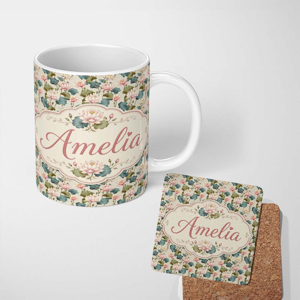 Personalized Custom Name Classic Lotus Flower Pattern with Soft Pink Blooms and Green Leaves 11oz Ceramic Coffee Tea Mug White Large Handle