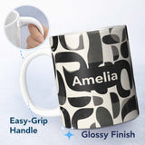 Personalized Custom Name Bold Curved Shapes Black Grey Modern Abstract Pattern Lovely 11oz Ceramic Coffee Tea Mug White Large Handle