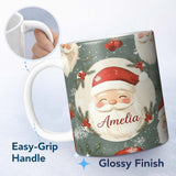 Personalized Custom Name Cute Santa Claus Face Snowflakes Festive Seamless Pattern Lovely 11oz Ceramic Coffee Tea Mug White Large Handle