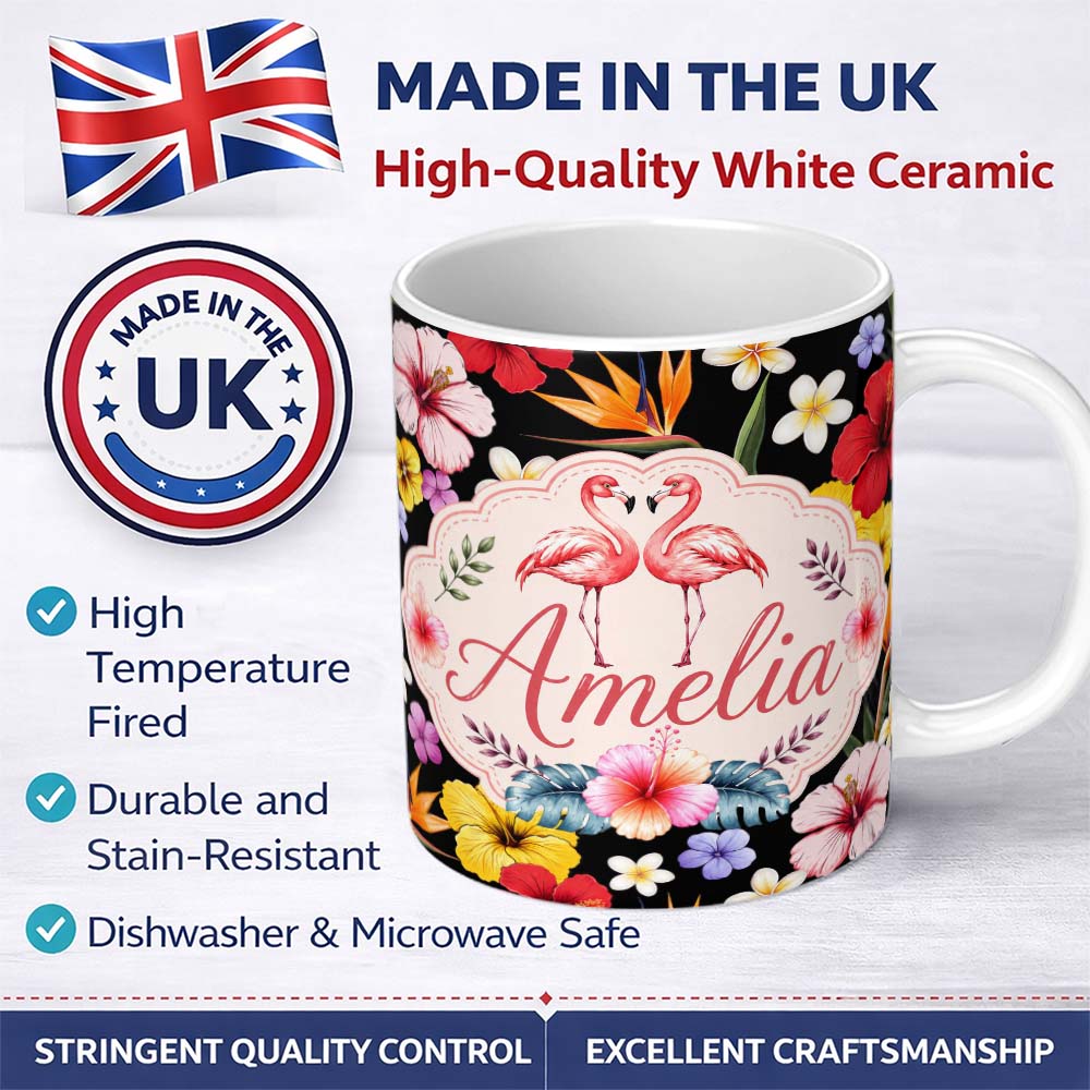 Personalized Custom Name Cute Tropical Hibiscus Flowers Birds of Paradise Bright Floral 11oz Ceramic Coffee Tea Mug White Large Handle