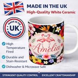 Personalized Custom Name Cute Tropical Hibiscus Flowers Birds of Paradise Bright Floral 11oz Ceramic Coffee Tea Mug White Large Handle