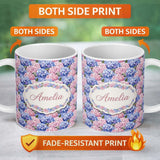 Personalized Custom Name Bold Pink and Blue Hydrangea Blossom Seamless Pattern Lovely 11oz Ceramic Coffee Tea Mug White Large Handle