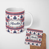 Personalized Custom Name Nordic Red Blue Christmas Tree Snowflake Seamless Pattern Lovely 11oz Ceramic Coffee Tea Mug White Large Handle