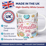 Personalized Custom Name Cute Kawaii School Cat Books Stationery Seamless Pattern Blue Lines 11oz Ceramic Coffee Tea Mug White Large Handle