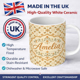 Personalized Custom Name Warm Beige Orange Vintage Tile Floral Seamless Pattern Lovely 11oz Ceramic Coffee Tea Mug White Large Handle