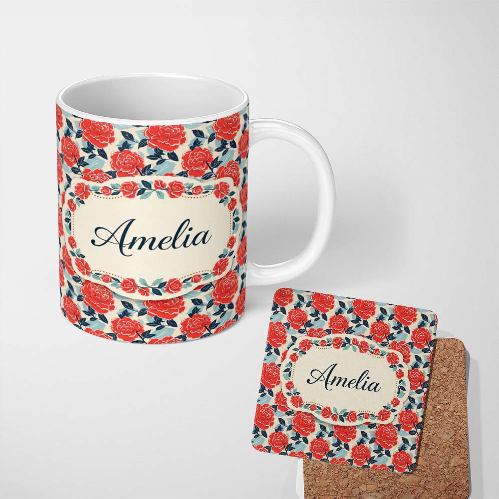 Personalized Custom Name Red Rose Blue Accent Floral Seamless Pattern Perfect Gift for Her 11oz Ceramic Coffee Tea Mug White Large Handle