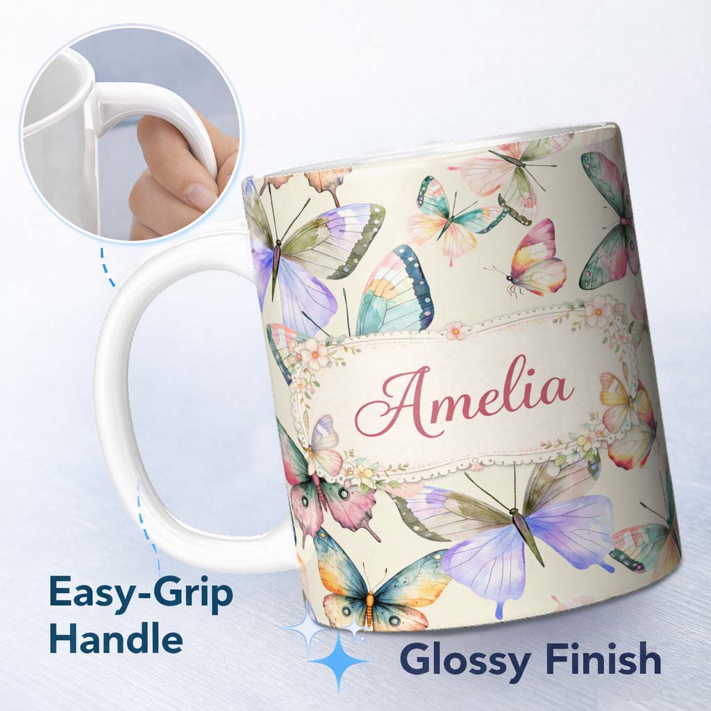 Personalized Custom Name Pastel Watercolor Butterflies Cream Background Seamless Pattern 11oz Ceramic Coffee Tea Mug White Large Handle