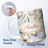 Personalized Custom Name Pastel Watercolor Butterflies Cream Background Seamless Pattern 11oz Ceramic Coffee Tea Mug White Large Handle
