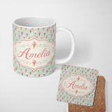 Personalized Custom Name Pastel Ice Cream Cones on Sky Blue with Clouds Cute Sweet Dessert 11oz Ceramic Coffee Tea Mug White Large Handle