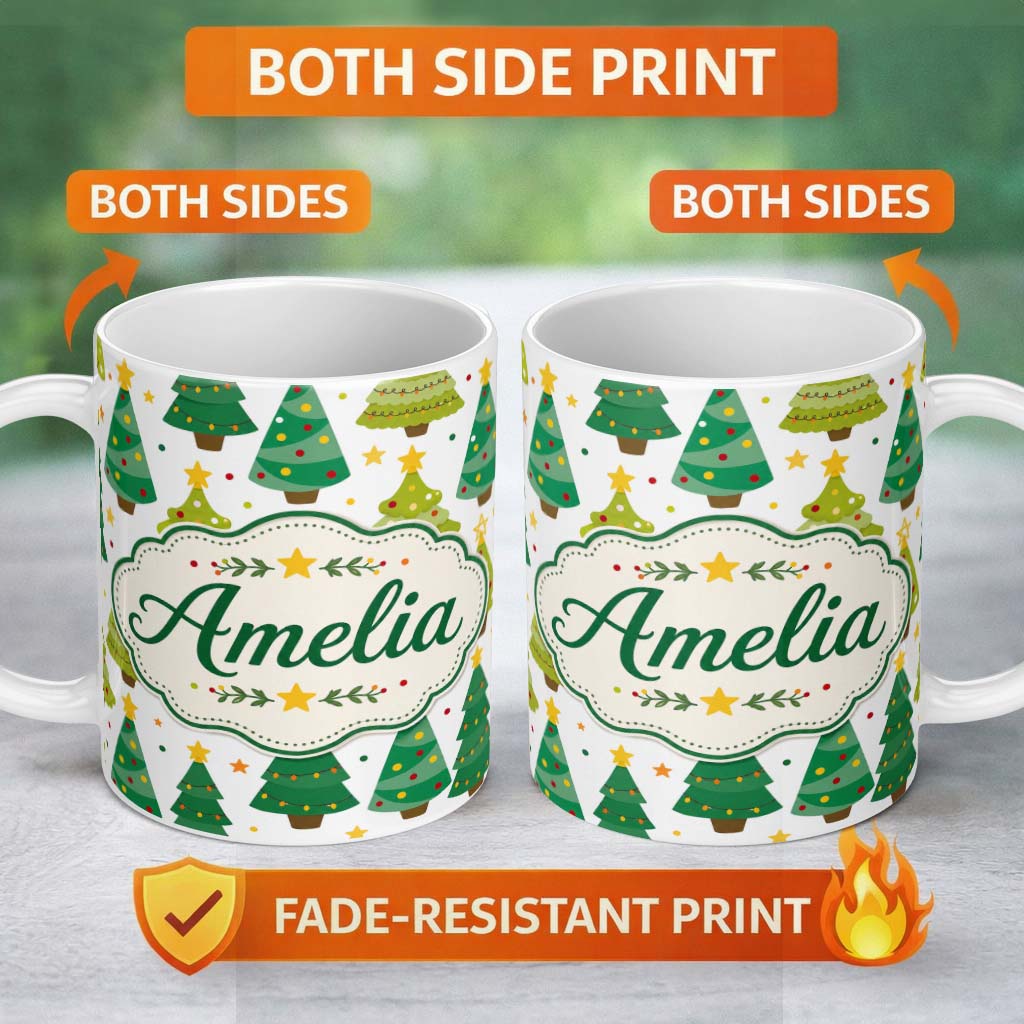 Personalized Custom Name Cute Mixed Christmas Trees Colorful Festive Seamless Pattern Lovely 11oz Ceramic Coffee Tea Mug White Large Handle