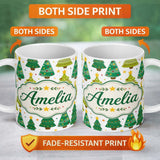 Personalized Custom Name Cute Mixed Christmas Trees Colorful Festive Seamless Pattern Lovely 11oz Ceramic Coffee Tea Mug White Large Handle