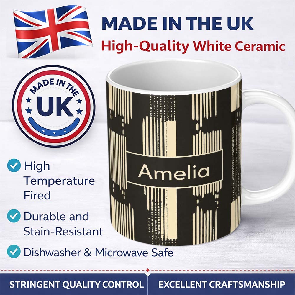 Personalized Custom Name Vertical Stripe Blocks Black Cream Hand Drawn Linear Pattern Lovely 11oz Ceramic Coffee Tea Mug White Large Handle