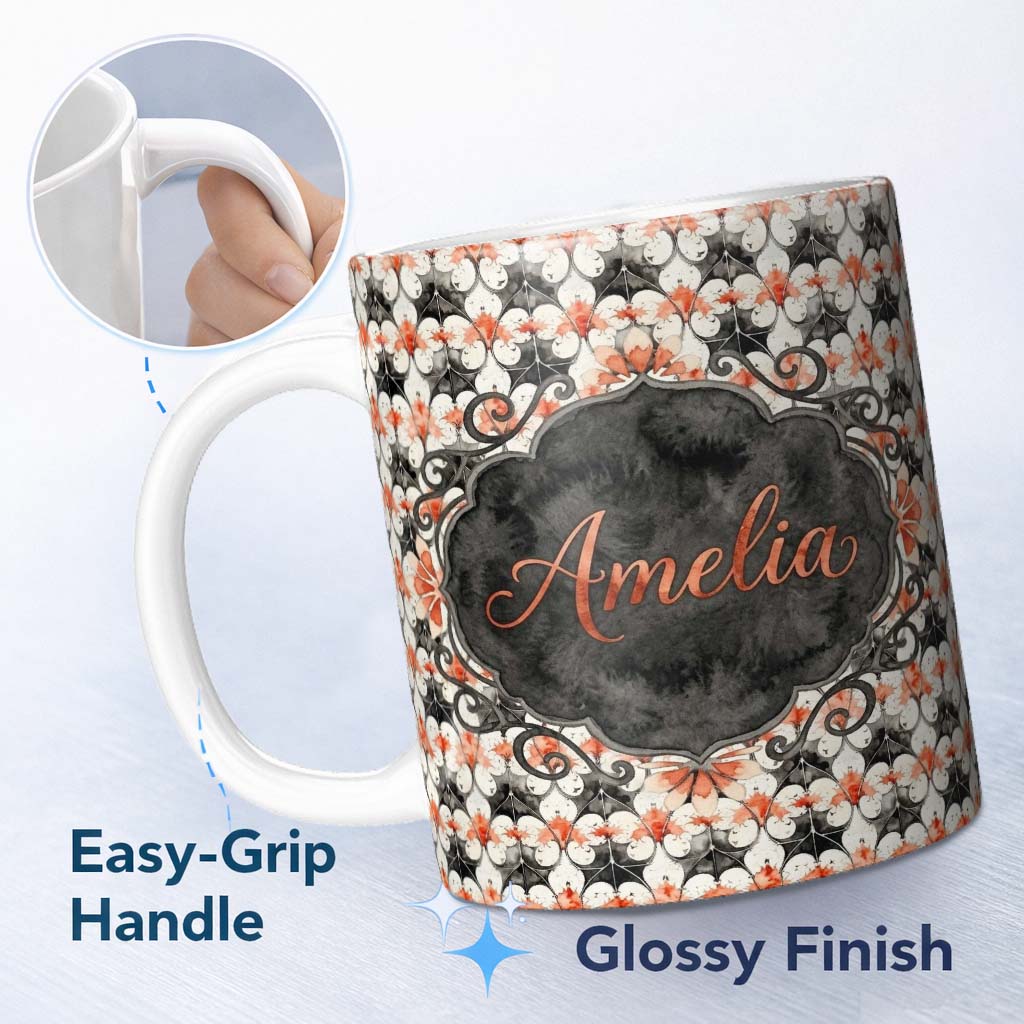 Personalized Custom Name Ornate Floral Tile Pattern with Red Accents Seamless Pattern Lovely 11oz Ceramic Coffee Tea Mug White Large Handle