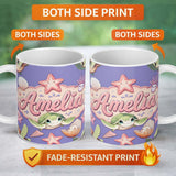 Personalized Custom Name Cute Kawaii Sea Turtle Starfish Shells Ocean Friends Lavender Lovely 11oz Ceramic Coffee Tea Mug White Large Handle