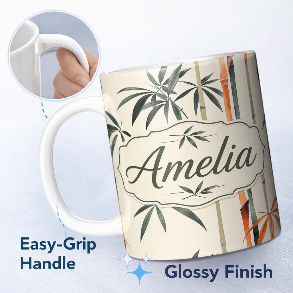 Personalized Custom Name Artistic Bamboo Leaves and Stems on Neutral Background Pattern 11oz Ceramic Coffee Tea Mug White Large Handle