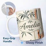 Personalized Custom Name Artistic Bamboo Leaves and Stems on Neutral Background Pattern 11oz Ceramic Coffee Tea Mug White Large Handle