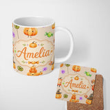 Personalized Custom Name Cute Halloween Pumpkin Candy Characters Beige Background Seamless 11oz Ceramic Coffee Tea Mug White Large Handle