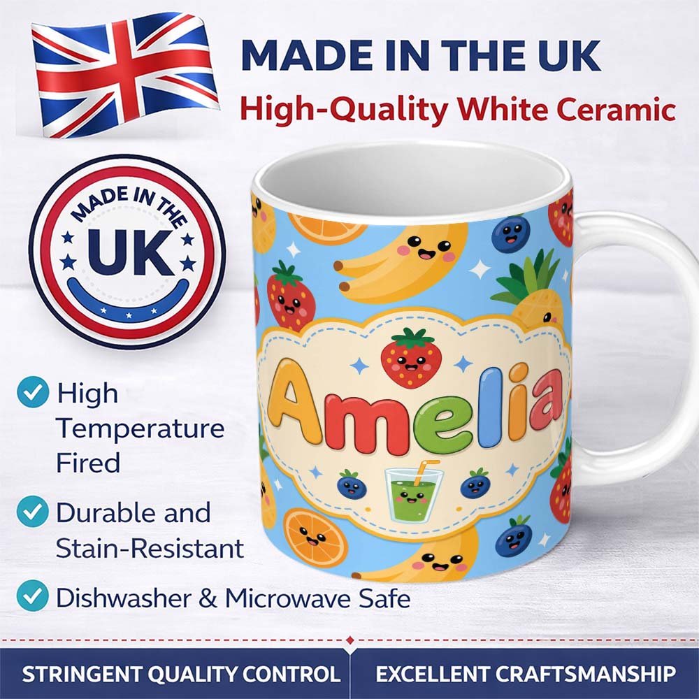 Personalized Custom Name Cute Kawaii Fruits Juice Drink Strawberry Banana Orange Seamless 11oz Ceramic Coffee Tea Mug White Large Handle