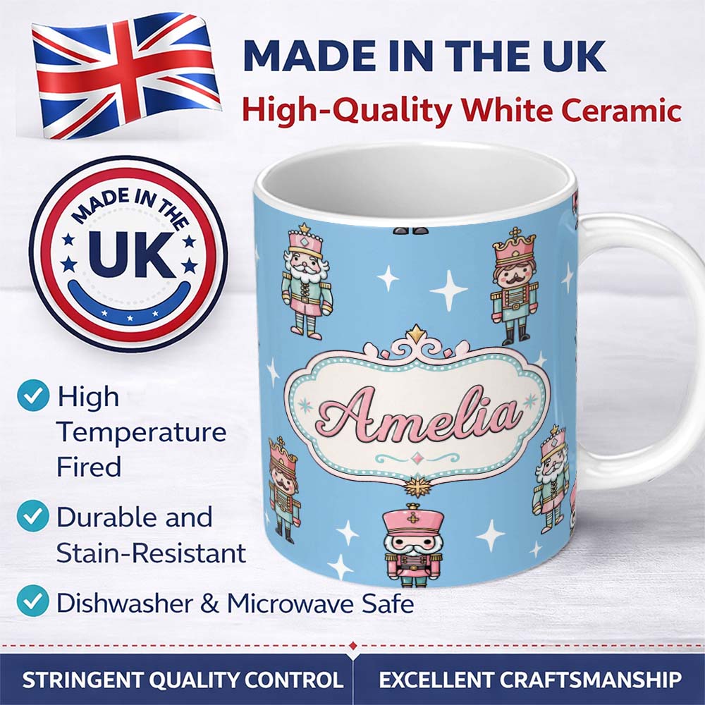 Personalized Custom Name Cute Nutcracker Soldiers Christmas Toy Characters Pattern Blue 11oz Ceramic Coffee Tea Mug White Large Handle