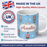 Personalized Custom Name Cute Nutcracker Soldiers Christmas Toy Characters Pattern Blue 11oz Ceramic Coffee Tea Mug White Large Handle