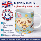 Personalized Custom Name Cute Farm Girl Animals Harvest Seamless Pattern Blue Background 11oz Ceramic Coffee Tea Mug White Large Handle