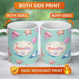 Personalized Custom Name Mermaid Ocean Friends Jellyfish Starfish Mint Green Background 11oz Ceramic Coffee Tea Mug White Large Handle