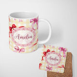 Personalized Custom Name Watercolor Ribbon Bow Seamless Pattern on Yellow Gingham Background 11oz Ceramic Coffee Tea Mug White Large Handle