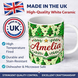Personalized Custom Name Cartoon Style Christmas Trees with Ornaments and Stars Cute Seamless 11oz Ceramic Coffee Tea Mug White Large Handle