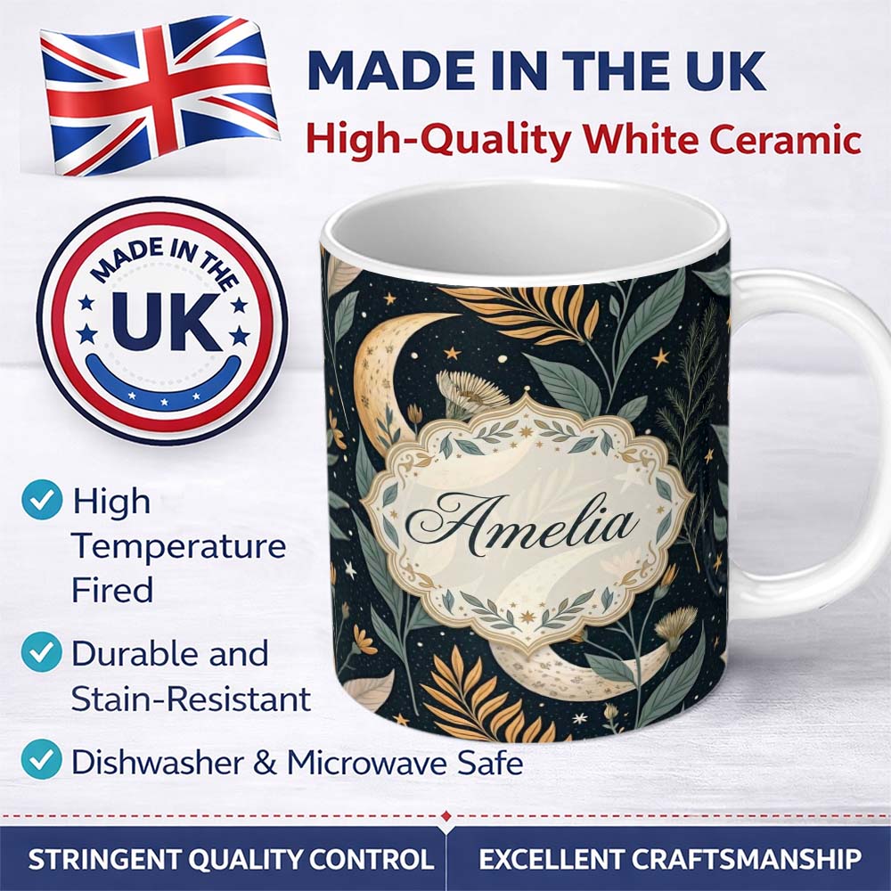 Personalized Custom Name Golden Celestial Floral Swirl Stars Night Seamless Pattern Lovely 11oz Ceramic Coffee Tea Mug White Large Handle