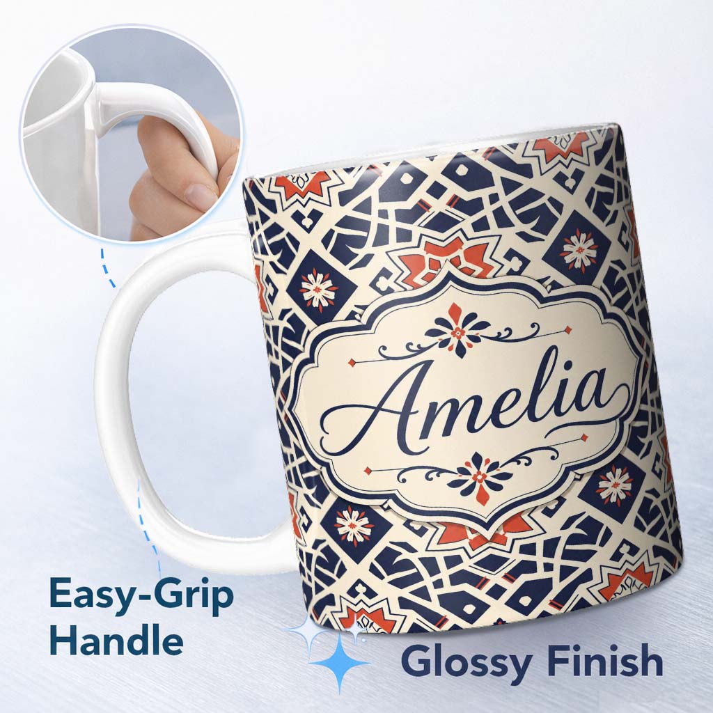 Personalized Custom Name Navy Red Geometric Star Tile Mediterranean Seamless Pattern Lovely 11oz Ceramic Coffee Tea Mug White Large Handle