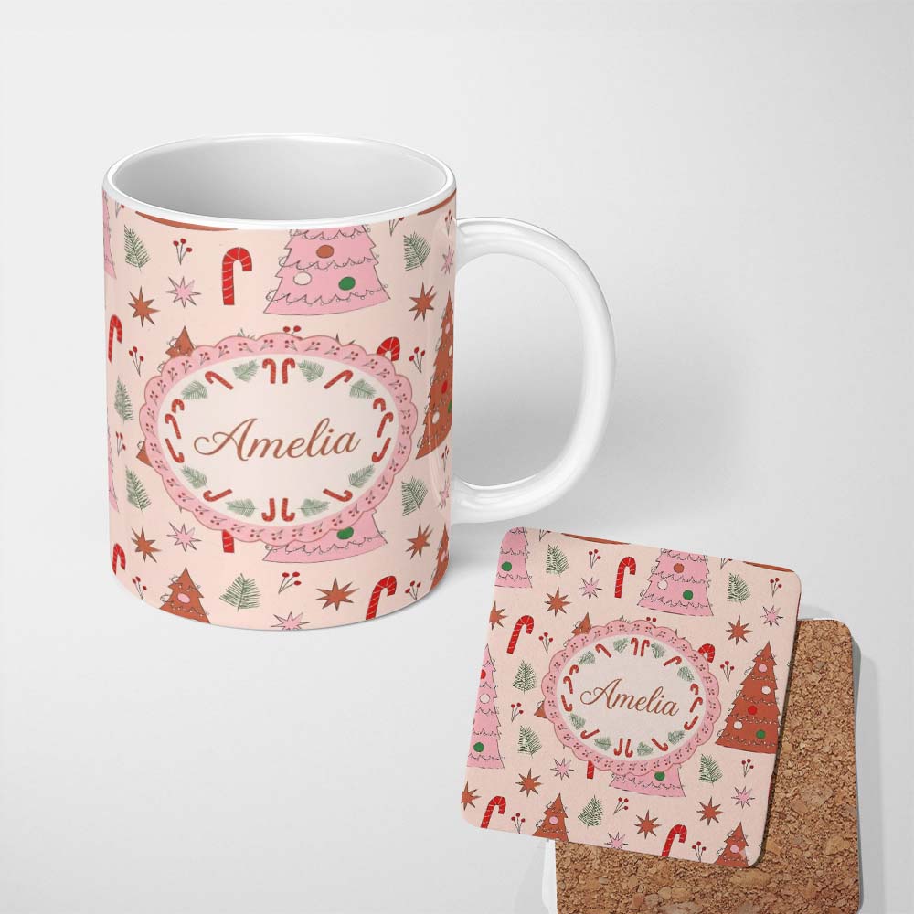 Personalized Custom Name Scandi Style Christmas Tree Candy Cane Seamless Pattern Lovely 11oz Ceramic Coffee Tea Mug White Large Handle