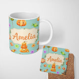 Personalized Custom Name Cute Watercolor Pumpkins and Candy Sweets on Light Grey Background 11oz Ceramic Coffee Tea Mug White Large Handle