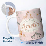 Personalized Custom Name Cute Safari Animals Giraffe Lion Zebra on Soft Pink Background 11oz Ceramic Coffee Tea Mug White Large Handle
