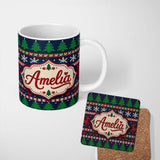 Personalized Custom Name Cute Knitted Reindeer Snowflake Nordic Winter Seamless Pattern 11oz Ceramic Coffee Tea Mug White Large Handle