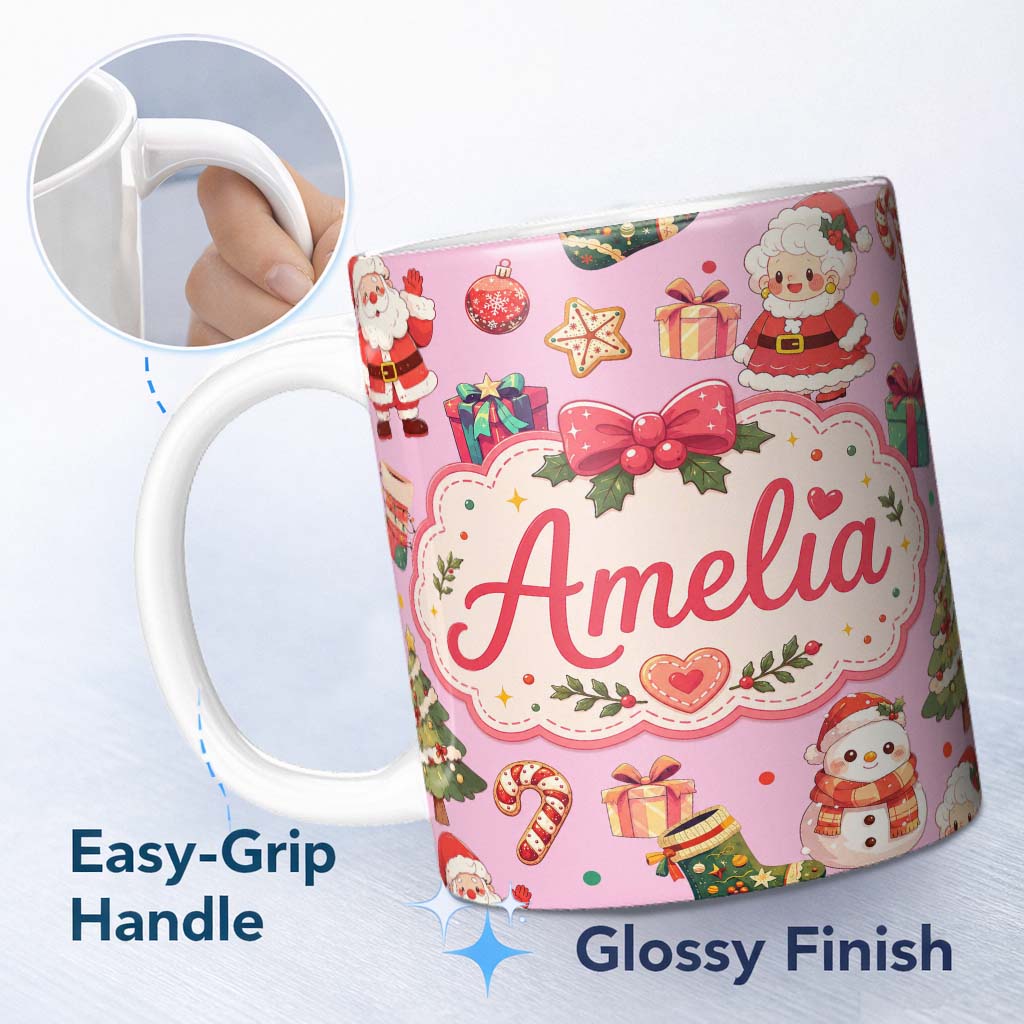 Personalized Custom Name Cute Santa Claus Mrs Claus Snowman Christmas Gift Candy Cane Pink 11oz Ceramic Coffee Tea Mug White Large Handle