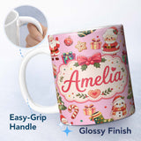 Personalized Custom Name Cute Santa Claus Mrs Claus Snowman Christmas Gift Candy Cane Pink 11oz Ceramic Coffee Tea Mug White Large Handle