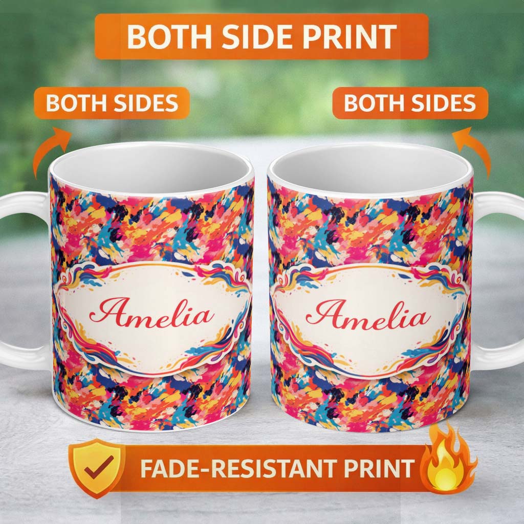 Personalized Custom Name Neon Paint Splash Dark Background Abstract Pattern Cute Unique Gift 11oz Ceramic Coffee Tea Mug White Large Handle