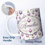 Personalized Custom Name Watercolor Purple Onion Seamless Pattern Soft Kitchen Garden Theme 11oz Ceramic Coffee Tea Mug White Large Handle
