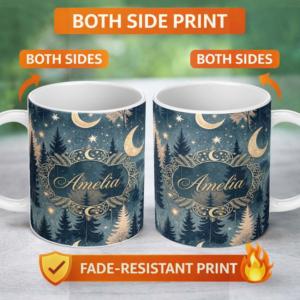 Personalized Custom Name Celestial Leaves Moon Stars Night Sky Seamless Pattern Lovely 11oz Ceramic Coffee Tea Mug White Large Handle