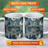 Personalized Custom Name Celestial Leaves Moon Stars Night Sky Seamless Pattern Lovely 11oz Ceramic Coffee Tea Mug White Large Handle