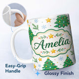 Personalized Custom Name Decorated Christmas Trees Stars Snowflakes Festive Seamless Pattern 11oz Ceramic Coffee Tea Mug White Large Handle