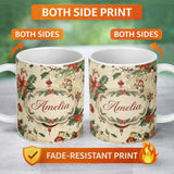 Personalized Custom Name Elegant Christmas Floral Holly Ornaments Snowflakes and Festive 11oz Ceramic Coffee Tea Mug White Large Handle