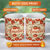 Personalized Custom Name Juicy Red Tomatoes with Vintage Drip Effect on Neutral Background 11oz Ceramic Coffee Tea Mug White Large Handle