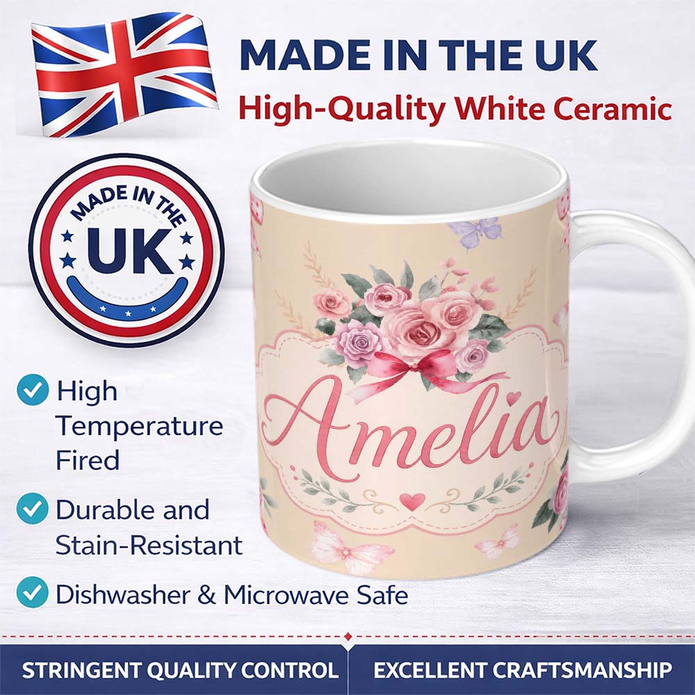 Personalized Custom Name Cute Watercolor Roses Bouquet with Red Ribbon Warm Beige Background 11oz Ceramic Coffee Tea Mug White Large Handle