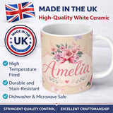 Personalized Custom Name Cute Watercolor Roses Bouquet with Red Ribbon Warm Beige Background 11oz Ceramic Coffee Tea Mug White Large Handle