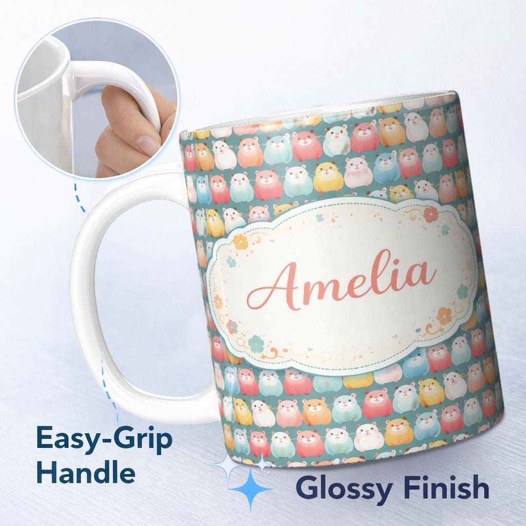 Personalized Custom Name Pastel Hamster Rows Cute Seamless Pattern Perfect Gift for Her 11oz Ceramic Coffee Tea Mug White Large Handle