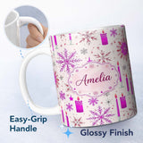 Personalized Custom Name Pink Snowflake Candle Winter Holiday Seamless Pattern Lovely 11oz Ceramic Coffee Tea Mug White Large Handle
