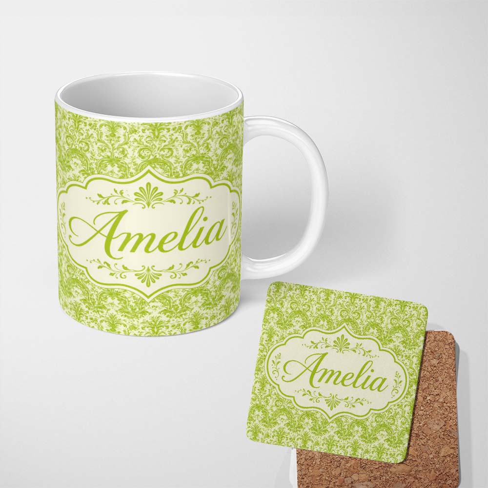 Personalized Custom Name Classic Ornate Green Damask Floral Seamless Pattern Cute Unique Gift 11oz Ceramic Coffee Tea Mug White Large Handle
