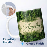 Personalized Custom Name Lush Green Fern Jungle Seamless Botanical Pattern Cute Unique Gift 11oz Ceramic Coffee Tea Mug White Large Handle